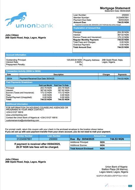 Download Nigeria Union Bank of Nigeria mortgage statement Word and PDF template Photoshop template